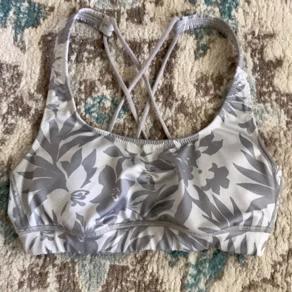 Aerie floral flower print sports bra gray strappy